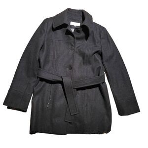 Calvin Klein Belted Wool Pea Coat Charcoal Grey Women's 10